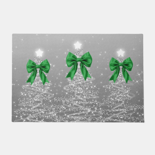 Felpudo Christmas Sparkling Trees Silver Faux Green Bow  (Anverso)