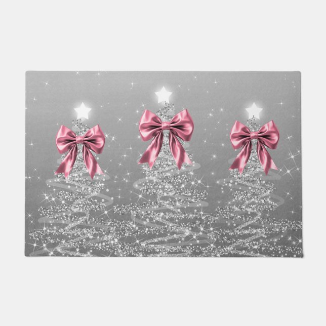 Felpudo Christmas Sparkling Trees Silver Faux Pink Bow  (Anverso)