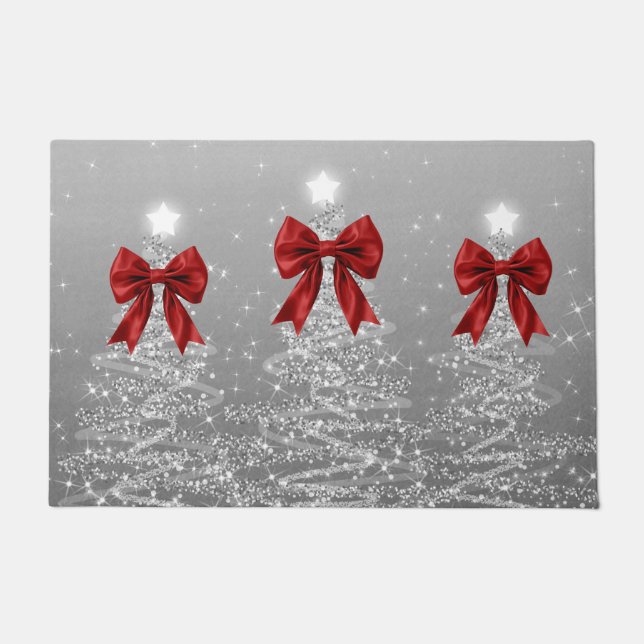 Felpudo Christmas Sparkling Trees Silver Faux Red Bow  (Anverso)