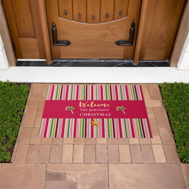 Felpudo Christmas Welcome – Red, Green & Gold Stripes (Exterior)