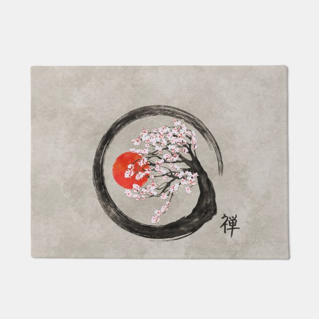 Felpudo Círculo de Enso del zen y árbol de Sakura en lona (Anverso)