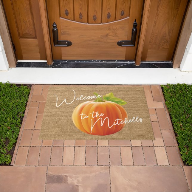 Felpudo Clásica Calabaza Naranja En Faux Jute Burlap Bienv (Exterior)
