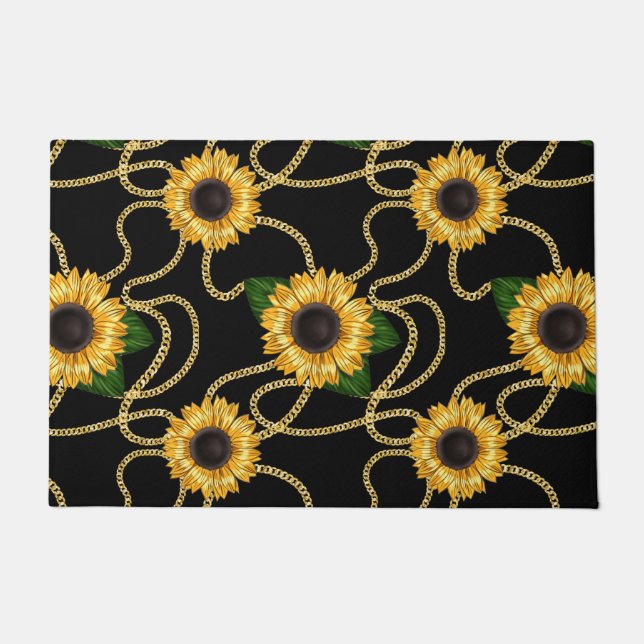Felpudo Clásico amarillo girasol elegante patrón en negro (Anverso)