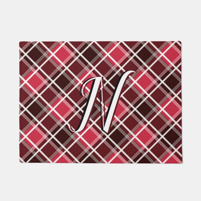 Felpudo Clásico Personalizado Monograma Rojo Tartán Plaid (Anverso)
