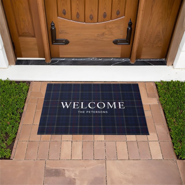 Felpudo Clásico Plaid de Navidad Azul Marino (Exterior)