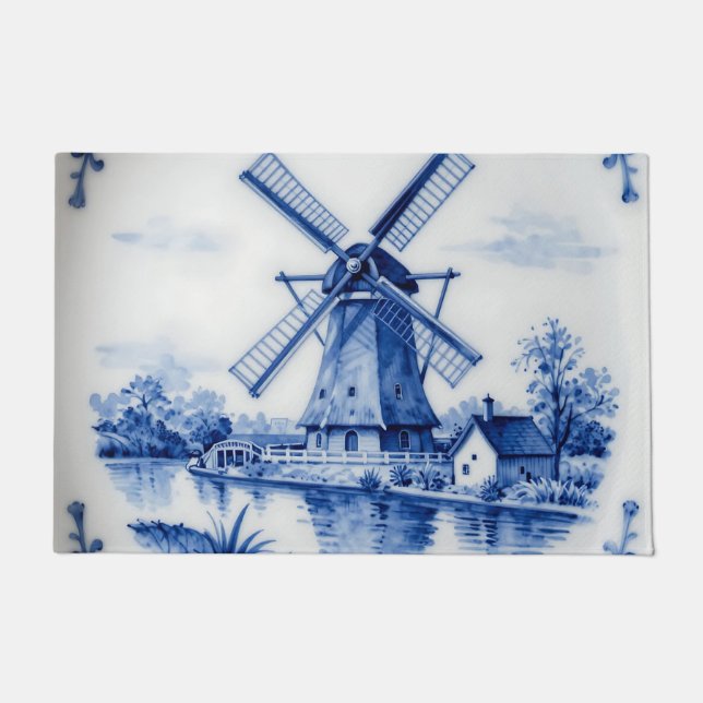 Felpudo Classic Delft Blue Windmill Canal Scene (Anverso)