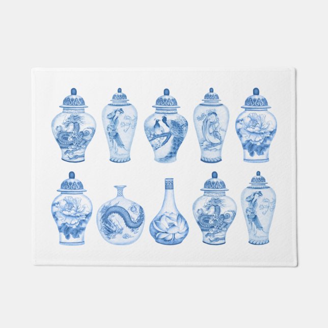 Felpudo Coastal Blue Chinoiserie Templo Ginger Jars (Anverso)