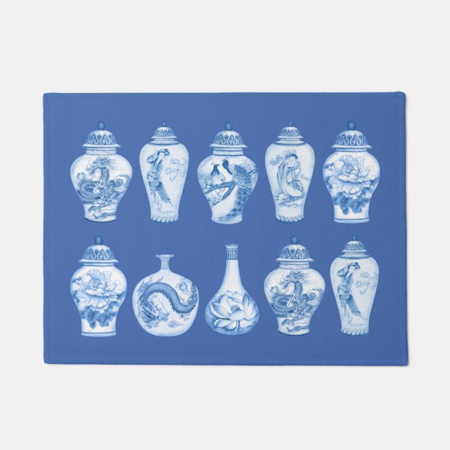 Felpudo Coastal Blue Chinoiserie Templo Ginger Jars (Anverso)