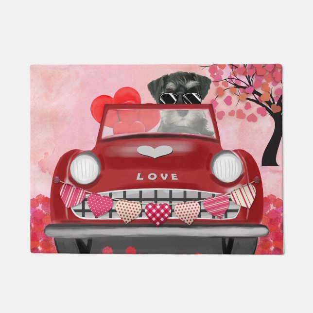 Felpudo Coche de perro Schnauzer con corazón de San Valent (Anverso)