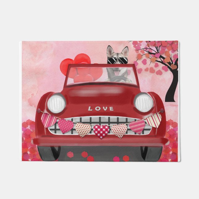 Felpudo Coche Husky Siberiano con corazones de San Valentí (Anverso)