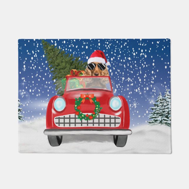 Felpudo Cocker Spaniel Perro Conduciendo Coche En Navidad  (Anverso)