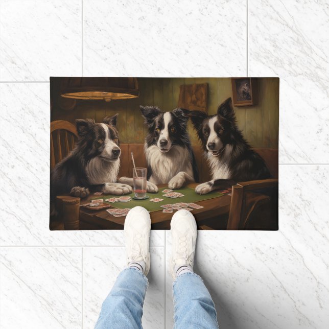 Felpudo Collie Fronteriza Perros Jugando al Arte de Póquer (Interior)