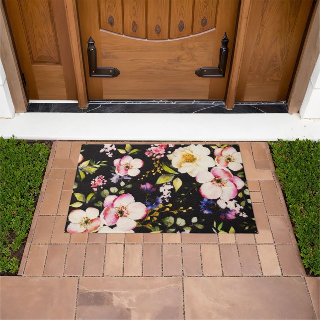Felpudo Color de agua rosa Rozas amarillas fondo negro (Exterior)