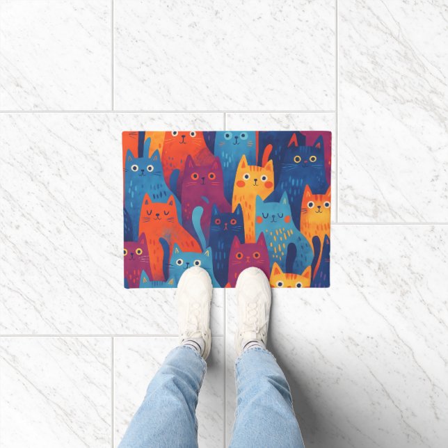 Felpudo Colorful Cartoon Cat Pattern | Cute Whimsical Cat  (Interior)