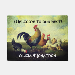 Felpudo Colorido gallo y gallinas "Bienvenidos a nuestro n
