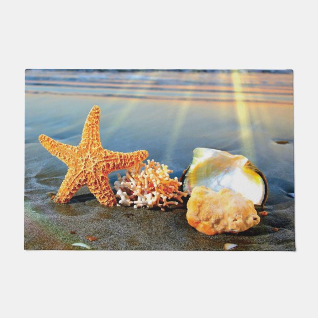 Felpudo conchas de mar y estrellas de mar en la playa (Anverso)