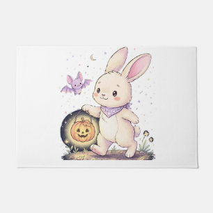 Felpudo Conejito de Halloween con linterna de calabaza y m