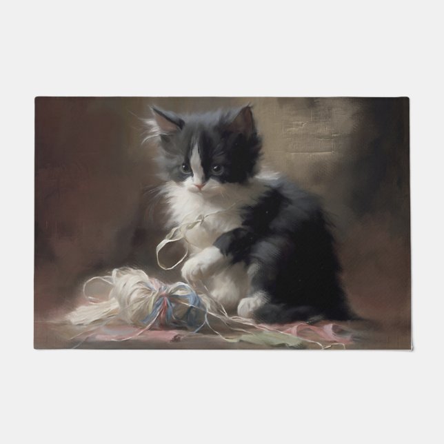 Felpudo Contundente negro y blanco gatito (Anverso)