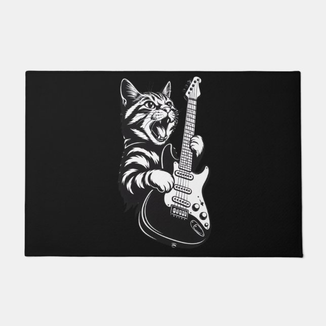 Felpudo Cool Music Love | Rock Cat Playing Electric Guitar (Anverso)