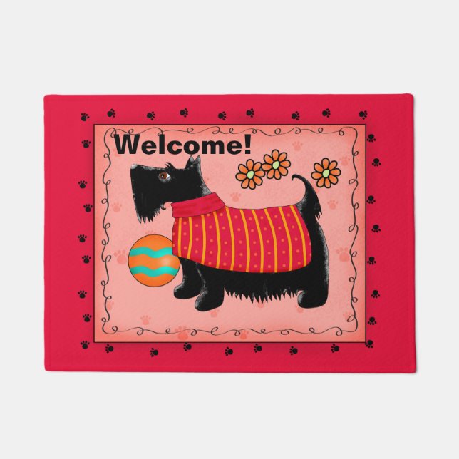 Felpudo Coral rojo de bienvenida para perro escocés negro (Anverso)