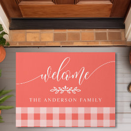 Felpudo Coral y Buffalo Check Blanco Bienvenida Personaliz