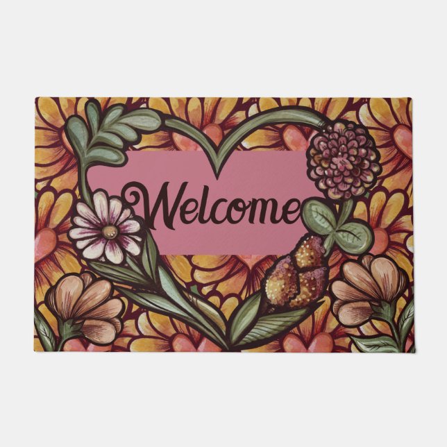 Felpudo Corazón de flores de bienvenida (Anverso)