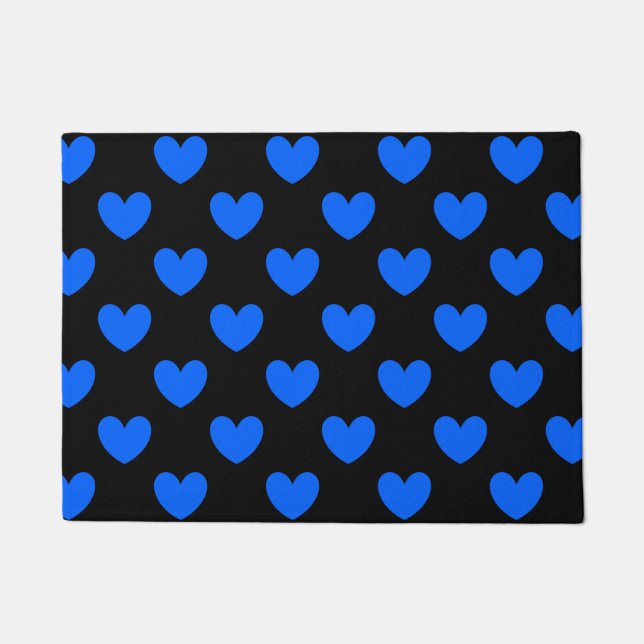 Felpudo Corazones de polka azul sobre negro (Anverso)