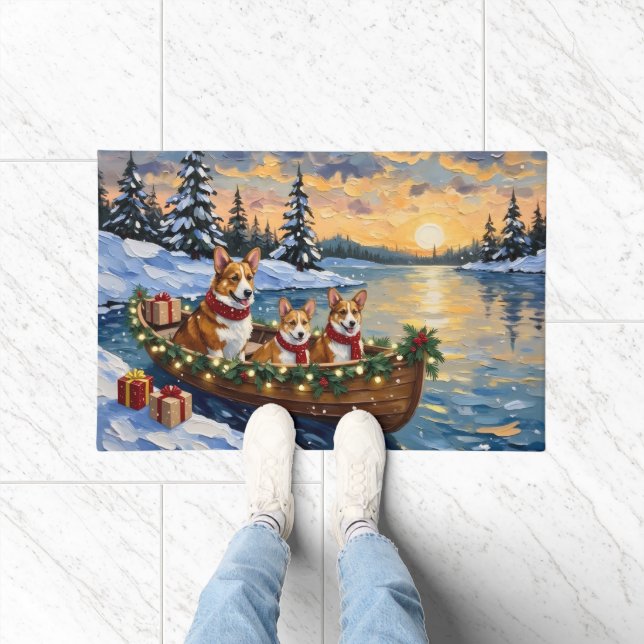 Felpudo Corgi Christmas Boat Holiday (Interior)
