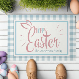 Felpudo Country Blue Gingham Happy Easter Personalizado