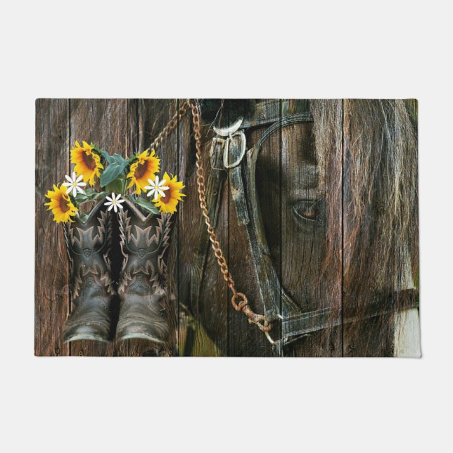Felpudo Cowboy Caballo Boots Girasoles Rústica Junta de Pa (Anverso)