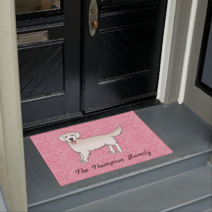 Felpudo Cream Golden Retriever On Pink Hearts With Text