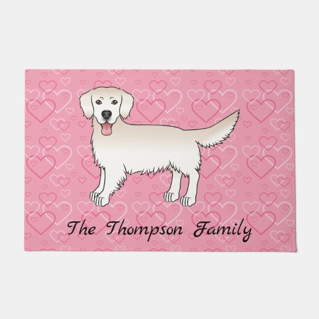 Felpudo Cream Golden Retriever On Pink Hearts With Text (Anverso)