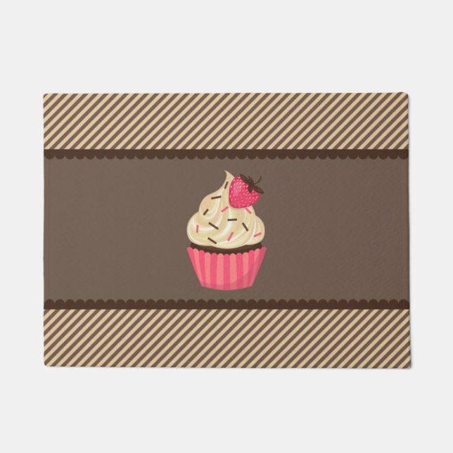 Felpudo Crema rosa Brown Strips Strawberry Cupcake (Anverso)