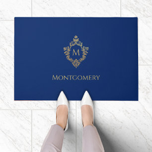 Felpudo Crest Royal Blue Falso Oro Monograma Nombre Vintag