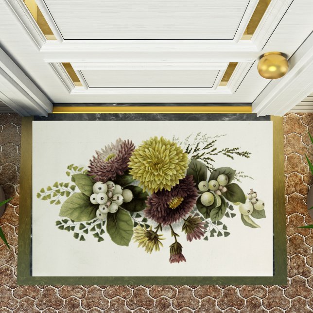 Felpudo Crisantemo de oro de otoño con bayas (Vintage Autumn Gold Chrysanthemums with Berries Doormat)