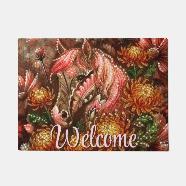 Felpudo Crisantemo floral de caballos de otoño personaliza (Anverso)