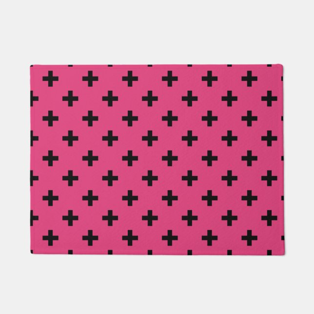 Felpudo Cruces de polka negra en fucsia (Anverso)