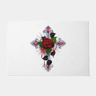 Felpudo Cruz de Plata con una Rosa Roja