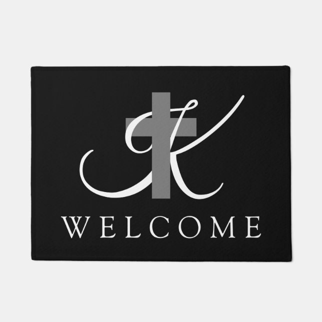 Felpudo Cruz religiosa del monograma cristiano elegante de (Anverso)