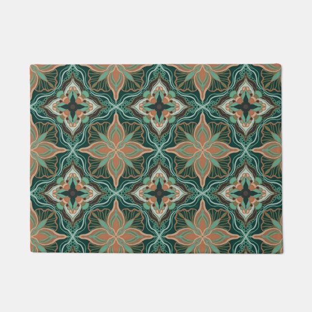 Felpudo Cubierta floral Verde azulada marroquí acuarela (Anverso)