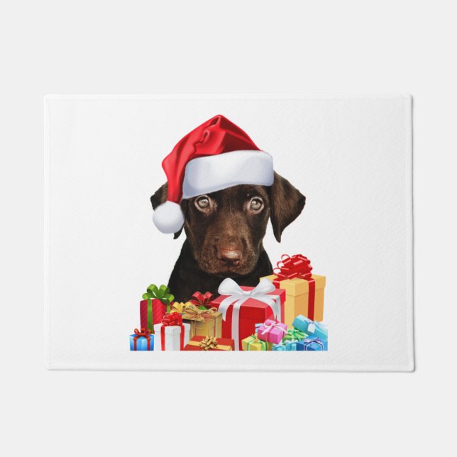 Felpudo Cuidado Chocolate Lab Cachorro Santa Hat Fun Image (Anverso)