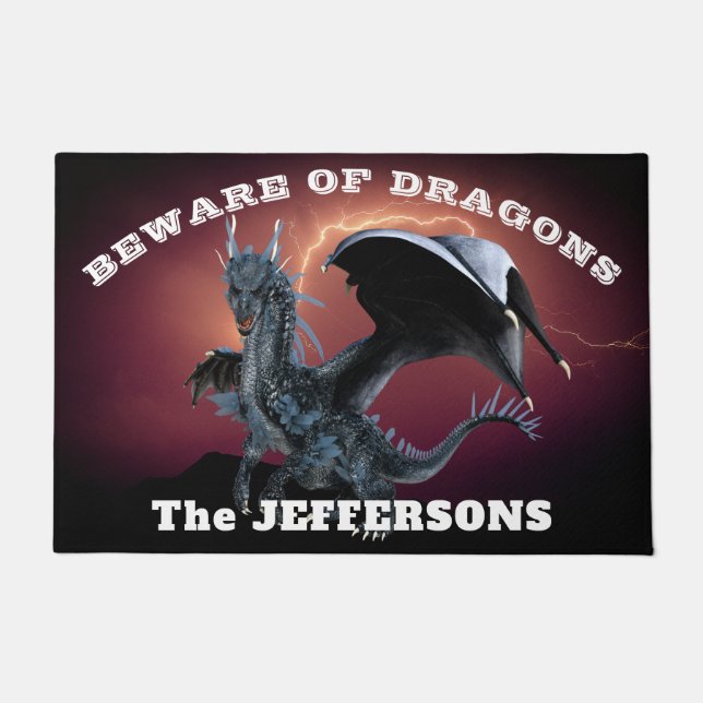 Felpudo "Cuidado con los dragones" con Dragon y Lightning (Anverso)