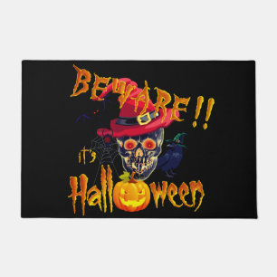 Felpudo Cuidado es Halloween Calavera y Calabaza