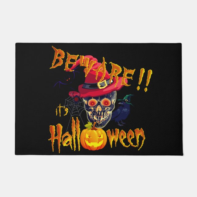 Felpudo Cuidado es Halloween Calavera y Calabaza (Anverso)
