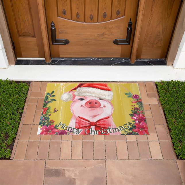 Felpudo Curiosa divertida acuarela Piglet Merry Christmas  (Exterior)