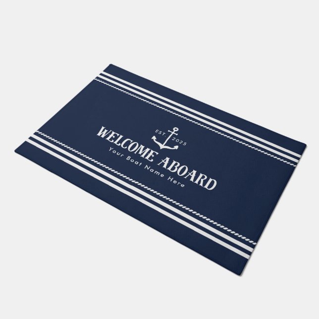 Felpudo Custom Blue Boat Name Nautical Welcome Aboard (Angular)