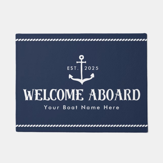 Felpudo Custom Blue Boat Name Welcome Aboard Nautical (Anverso)