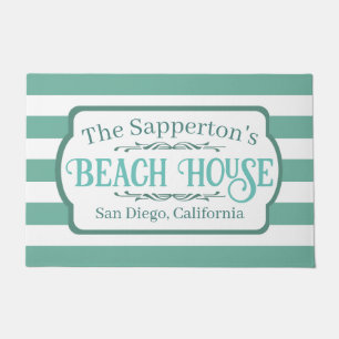 Felpudo Custom Name Beach House Verde azulado Strips