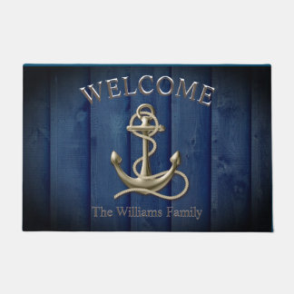 Felpudo Custom Name Blue Wood Anchor Nautical Beach House 