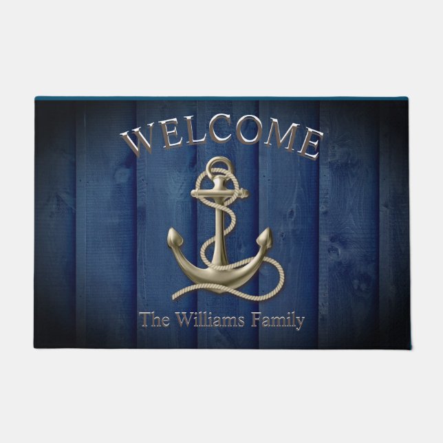 Felpudo Custom Name Blue Wood Anchor Nautical Beach House  (Anverso)